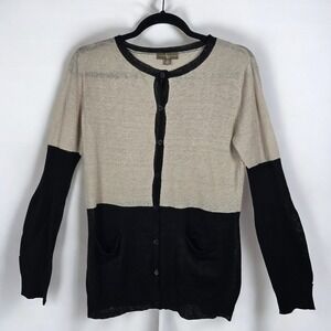 Lauren Hansen Cardigan Woman XS 100% Linen Color Block Button Front‎ Beige Black